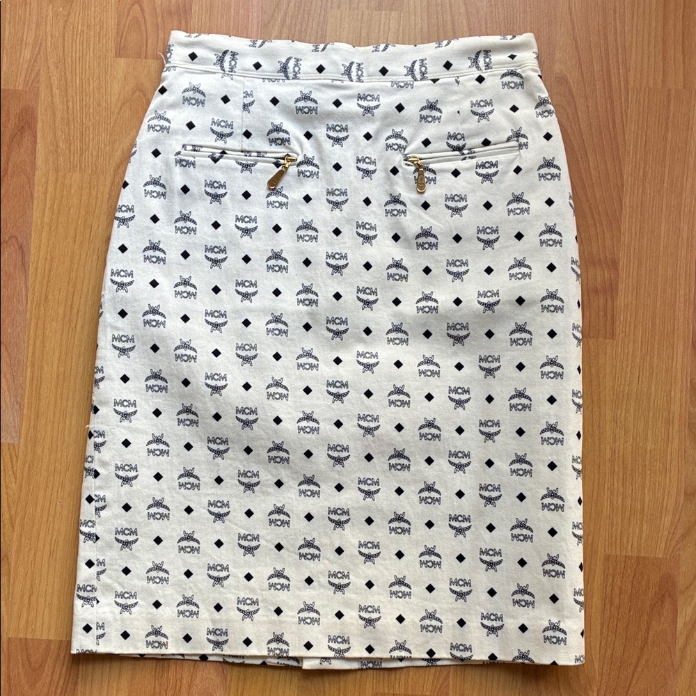 MCM Cream and Black Logo Pencil Skirt